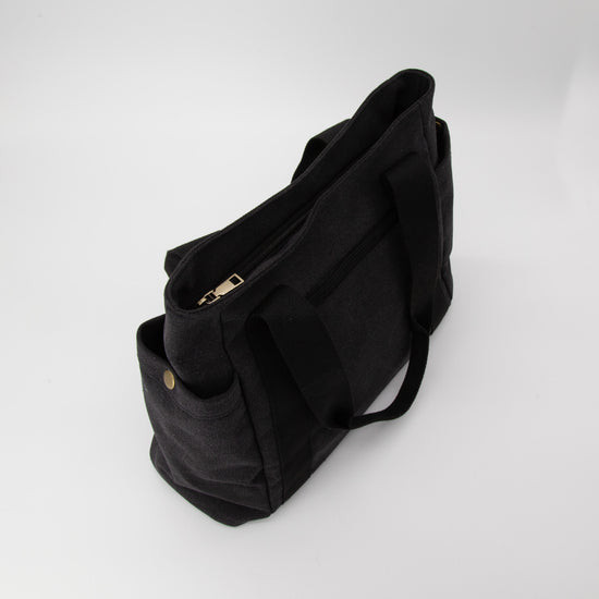 Large Canvas Tote Bag With Pockets & Zipper in Black