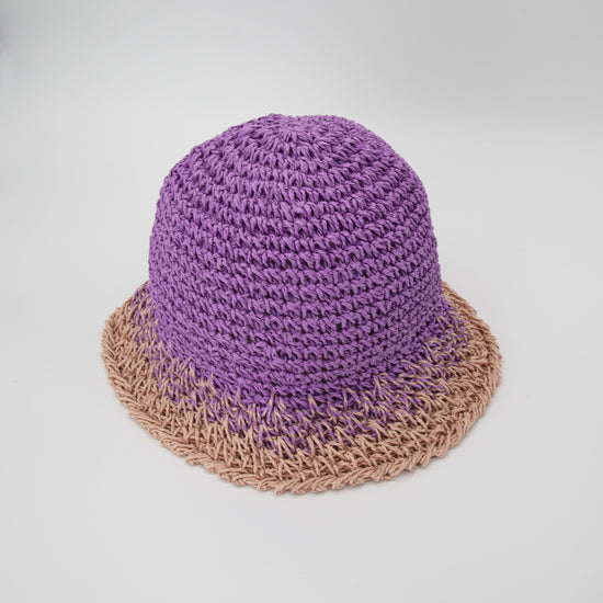 Straw Crochet Bucket Hat in Purple & Pink
