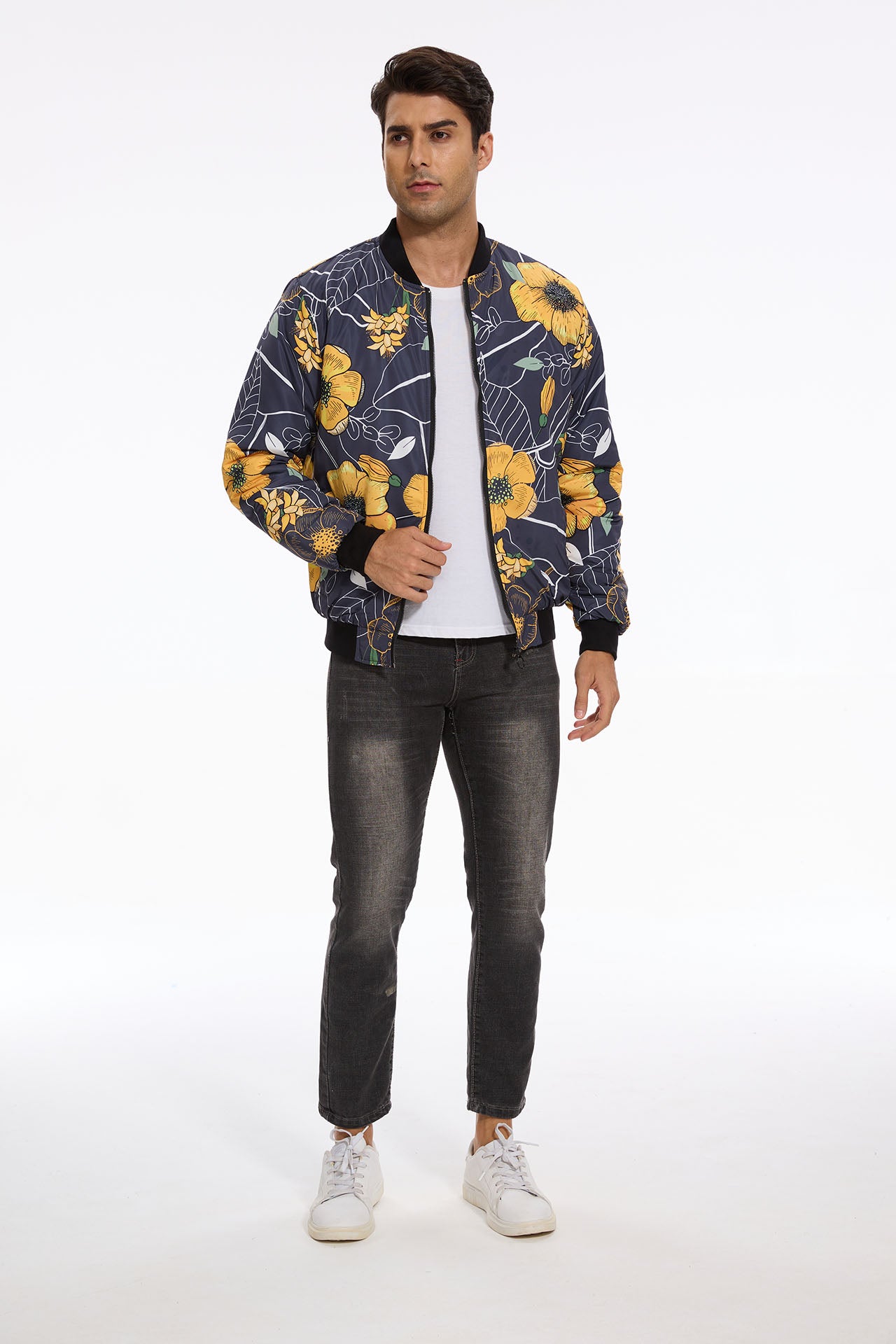 Yellow Floral Quilted Bomber Jacket